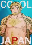  1boy abs arm_hair armpit_hair armpit_hair_peek bara bare_pectorals beard blonde_hair blush bottomless check_copyright chest_hair copyright_request cowboy_shot excessive_pubic_hair facial_hair hairy haishiba_ame highres large_pectorals leg_hair male_focus mature_male muscular muscular_male naked_shirt navel navel_hair nipples one_eye_closed open_clothes open_shirt opened_by_self original pectorals pubic_hair shirt short_hair shy solo stomach superman_exposure undressing unkempt 