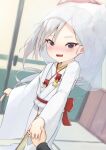  @_@ absurdres alternate_costume blue_archive blurry blush commentary_request depth_of_field flower folding_fan grey_hair hair_flower hair_ornament halo hand_fan highres holding holding_fan holding_hands indoors japanese_clothes kimono mutsuki_(blue_archive) out_of_frame pointy_ears pov pov_hands purple_eyes see-through sensei_(blue_archive) shiromuku shouji sliding_doors tatami uchikake wataboushi xiao_xiao_tian 