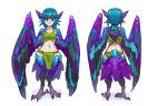  1girl bird_legs bird_tail black_eyes blue_feathers blue_hair centralhanyuu feathers gradient_hair green_feathers green_tank_top harpy highres long_hair midriff monster_girl multicolored_hair navel original pelvic_curtain ponytail purple_feathers purple_hair simple_background tail tail_feathers talons tank_top white_background winged_arms wings 