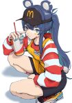  animal_ears apron arm_up bear_ears black_skirt blue_eyes blue_hair blue_nails chachironi3 cup drinking_straw employee_uniform facepaint fast_food_uniform finger_on_nose fujikura_uruka highres holding holding_cup mcdonald&#039;s name_tag phase_connect shoes skirt sneakers squatting striped striped_sweater sweater uniform yellow_apron 