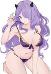  1girl bare_shoulders bikini breasts camilla_(fire_emblem) camilla_(summer)_(fire_emblem) cleavage covered_nipples fire_emblem fire_emblem_fates fire_emblem_heroes hair_over_one_eye highres kneeling large_breasts long_hair looking_at_viewer off_shoulder official_alternate_costume open_mouth pink_eyes purple_bikini purple_hair serafineart1001 sideboob solo swimsuit undressing very_long_hair 