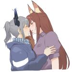  2girls animal_ear_fluff animal_ears arknights blush brown_gloves brown_hair closed_eyes dragon_girl dragon_horns face-to-face fox_ears fox_girl franka_(arknights) gloves grey_hair half-closed_eyes hand_on_another&#039;s_arm hand_on_another&#039;s_chin highres horns hug imminent_kiss liskarm_(arknights) long_hair looking_at_another multiple_girls open_mouth pom_dovu ponytail sweat white_background yuri 