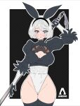  1girl absurdres animal_ears ass black_gloves black_thighhighs blue_eyes blush breasts cleavage fake_animal_ears gloves groin hairband highres holding holding_sword holding_weapon i_am_anddo leotard looking_at_viewer nier:automata nier_(series) parted_lips puffy_sleeves rabbit_ears short_hair solo sword thighhighs weapon white_hair yorha_no._2_type_b 