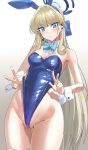  1girl animal_ears aqua_bow aqua_bowtie ass_visible_through_thighs bare_arms bare_shoulders blonde_hair blue_archive blue_eyes blue_hairband blue_leotard blush bow bowtie breasts closed_mouth commentary detached_collar fake_animal_ears fake_tail hair_ornament hairband halo highleg highleg_leotard highres large_breasts leotard looking_at_viewer playboy_bunny rabbit_ears rabbit_tail solo tail thigh_gap thighhighs thighs toki_(blue_archive) toki_(bunny)_(blue_archive) white_thighhighs wrist_cuffs yukiman1056 