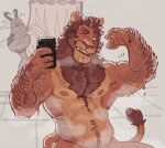  2023 2_horns anthro better_version_at_source blue_eyes blush body_hair chest_hair cropped curtains digital_media_(artwork) dragon dripping duo felid flexing flexing_bicep flexing_muscles fur gesture hair hi_res holding_object holding_phone horn invalid_tag lion looking_at_another male mammal markings muscular muscular_anthro muscular_male nipples nude one_eye_closed open_mouth orion_(xeoniios) pantherine phone reptile ryzz_(xeoniios) scalie selfie simple_background smile tail tan_body teeth wink xeoniios 