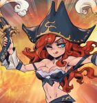  1girl ;q arm_up bare_shoulders black_headwear breasts cleavage green_eyes groin gun hat holding holding_gun holding_weapon large_breasts league_of_legends long_hair miss_fortune_(league_of_legends) monochrome navel one_eye_closed phantom_ix_row pirate_hat red_background red_hair solo stomach tongue tongue_out weapon 