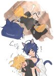  1boy 1girl aether_(genshin_impact) ahoge animal_ears black_shirt blonde_hair blue_eyes blue_hair blush braid breasts cat_ears cat_girl cat_tail choker closed_eyes commentary_request dark-skinned_female dark_skin dog_boy dog_ears dog_tail dress eyepatch genderswap genderswap_(mtf) genshin_impact highres kaeya_(genshin_impact) large_breasts one_eye_covered open_mouth pants shirt short_sleeves simple_background sweat sweating_profusely tabibitowayo tail translation_request white_background white_dress wide_sleeves 