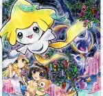  2girls bamboo black_eyes blonde_hair brown_hair cloud doradorakingyo dress eyelashes flying green_eyes jirachi lillie_(pokemon) lunala multiple_girls open_mouth poke_ball poke_ball_(basic) pokemon pokemon_(creature) pokemon_sm rowlet selene_(pokemon) sparkle star_(sky) tanabata tanzaku traditional_media white_dress 