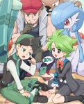  3boys :d alternate_color belt black_footwear black_hair bronzong capri_pants commentary_request gardevoir gloves green_eyes green_hair green_necktie green_pants grey_eyes hat highres holding male_focus multicolored_hair multiple_boys necktie noland_(pokemon) open_mouth pants pinsir pokemoa pokemon pokemon_(creature) pokemon_(game) pokemon_dppt pokemon_emerald pokemon_masters_ex pokemon_platinum pokemon_rse shiny_pokemon shirt shoes shorts sitting smile socks thorton_(pokemon) tongue two-tone_hair wally_(pokemon) wally_(sygna_suit)_(pokemon) 