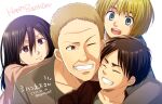  1girl 3boys affectionate age_difference armin_arlert black_hair blonde_hair blue_eyes brown_hair child eren_yeager grin hannes_(shingeki_no_kyojin) happy_birthday heads_together kogattaaot long_sleeves looking_at_another mikasa_ackerman multiple_boys mustache_stubble open_mouth shingeki_no_kyojin smile thick_eyebrows translation_request wrinkled_skin 