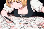  1girl black_dress blonde_hair breasts cleavage dress holding holding_pen letter medium_breasts orange_eyes original pen puffy_short_sleeves puffy_sleeves short_hair short_sleeves solo table upper_body writing yajirushi_(chanoma) 