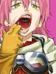  1girl flcl gloves goggles goggles_around_neck green_eyes hair_between_eyes haruhara_haruko highres open_mouth pink_background pink_hair pink_punk_ponk simple_background solo teeth tongue yellow_gloves 