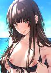  1girl amagami bikini bikini_pull black_bikini blush breasts brown_hair closed_mouth clothes_pull collarbone front-tie_bikini_top front-tie_top grey_eyes highres kamizaki_risa light_smile long_hair looking_at_viewer nipples ocean outdoors shouji_nigou small_breasts solo swimsuit upper_body 