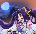  1girl black_hair breasts cleavage detached_sleeves eyeshadow full_moon green_eyes hair_ornament immortal_journey_sona league_of_legends long_hair long_sleeves looking_to_the_side makeup moon official_alternate_costume official_alternate_hairstyle parted_bangs parted_lips phantom_ix_row smile solo sona_(league_of_legends) upper_body 