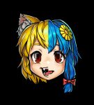  2girls absurdres animal_ear_fluff animal_ears black_background blonde_hair blue_hair bow commentary_request cookie_(touhou) flower fox_ears fox_girl hair_bow hair_flower hair_ornament head_only highres kaiben-san_tarou looking_at_viewer miramikaru_miran miramikaru_riran multiple_girls open_mouth red_bow red_eyes short_hair siblings sidelocks simple_background sisters smile teeth yellow_flower 