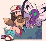  1girl :o alternate_color brown_eyes brown_hair bucket_hat butterfree commentary eevee green_shirt green_socks hair_flaps hat leaf_(pokemon) long_hair looking_back loose_socks miniskirt open_mouth pokemon pokemon_(creature) pokemon_(game) pokemon_frlg red_skirt shiny_pokemon shirt shoes skirt socks symbol-only_commentary tyako_089 white_footwear white_headwear 