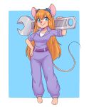  2023 5_fingers anthro artkett1412 blue_background blue_eyes border chip_&#039;n_dale_rescue_rangers clothing disney eyelashes female fingers gadget_hackwrench hair hand_on_hip hi_res holding_object holding_tool holding_wrench long_hair mammal mouse murid murine orange_hair pink_inner_ear pink_nose purple_clothing rodent simple_background smile solo tail tools white_border wrench 