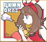  1girl bravefarm2 brown_hair cigarette commentary_request copyright_name ember_(pokemon) fire from_side may_(pokemon) pokemon pokemon_(creature) pokemon_(game) pokemon_oras shirt sleeveless sleeveless_shirt smoke smoking torchic traditional_media 
