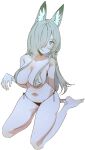  1girl animal_ear_fluff animal_ears black_underwear blonde_hair blue_archive breasts closed_mouth collarbone covered_nipples ddari fingernails full_body green_eyes hair_over_one_eye highres kanna_(blue_archive) large_breasts long_hair looking_at_viewer navel seiza simple_background sitting solo topless white_background 