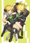  1boy 1girl black_footwear black_pants black_shorts black_socks blonde_hair blue_eyes bow bowtie brother_and_sister chair closed_mouth fur_trim grin hair_ornament hairclip headphones headphones_around_neck highres kagamine_len kagamine_rin kneehighs pants receiver_(module) remote_control_(vocaloid) sho_bu_1116 shoes short_hair shorts siblings simple_background sitting sitting_on_lap sitting_on_person sleeveless smile socks transmitter_(module) vocaloid 