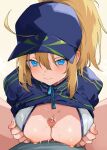  1boy 1girl ahoge artoria_pendragon_(fate) baseball_cap bikini blonde_hair blue_eyes blue_jacket blush breast_hold breasts breasts_out censored commission ear_blush fate/grand_order fate_(series) hat hetero highres jacket looking_at_viewer mosaic_censoring mysterious_heroine_xx_(fate) nipples nonoyama paizuri penis ponytail pov pov_crotch simple_background skeb_commission sweat swimsuit white_background white_bikini 