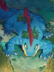  arc_draws claws fangs fangs_out feraligatr highres looking_at_viewer no_humans outdoors pokemon pokemon_(creature) reeds solo twitter_username water watermark wetland wooper yellow_eyes 