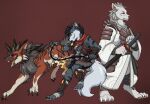  anthro armor black_hair brown_body brown_fur canid canine chainsword digitigrade fantasy feral fur generation_1_pokemon grey_body grey_fur growlithe hair hi_res male mammal melee_weapon nintendo orange_eyes pathfinder paws pokemon pokemon_(species) razor_the_firedog red_eyes starwolfskin stripes sword weapon white_body white_fur zgf_art zgf_gaming 