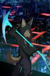  canid canine canis city_lights cyberpunk hi_res male mammal sickle techwear wolf wolfanine 