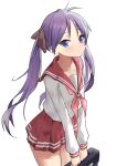  1girl absurdres bag blue_eyes blush closed_mouth dot_nose highres hiiragi_kagami holding legs long_hair long_sleeve_shirt looking_at_viewer lucky_star purple_hair red_sailor_collar sailor_collar school_bag school_uniform serafuku simple_background solo standing white_background yoruciel 