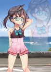  1girl absurdres adapted_costume aqua-framed_eyewear aqua_bow aqua_bowtie black_hair bow bowtie brown_shirt casual_one-piece_swimsuit crop_top feet_out_of_frame glasses green_eyes highres kantai_collection multicolored_hair okinami_(kancolle) okinami_kai_ni_(kancolle) one-piece_swimsuit pink_hair pink_one-piece_swimsuit shirt short_hair side_ponytail sleeveless sleeveless_shirt solo swimsuit swimsuit_skirt yashin_(yasinz) zoom_layer 