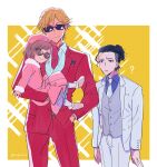  1girl 2boys ? black_hair bob_cut brown_hair buddy_daddies carrying child child_carry coat collared_shirt father_and_daughter formal fur_trim hair_between_eyes hand_in_pocket highres holding kurusu_kazuki light_brown_hair multiple_boys necktie ookamirr open_clothes pink_coat pink_headwear ponytail red_suit shirt short_hair simple_background smile sparkle sparkle_background suit sunglasses suwa_rei twitter_username two-tone_background unasaka_miri undercut white_background white_suit yellow_background 