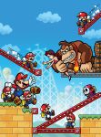  1girl 6+boys absurdres barrel black_footwear blue_eyes blue_overalls blue_sky boots bracelet brown_footwear brown_hair donkey_kong dress earrings facial_hair gloves hat high_heels highres jewelry long_hair mario mario_(series) mario_vs._donkey_kong mini-mario mini-shy_guy multiple_boys mustache necktie official_art outdoors overalls pauline_(mario) red_dress red_headwear red_necktie red_shirt shirt short_hair sky white_gloves 