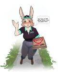  &lt;3 animal_humanoid clothed clothing delivery_(commerce) english_text female food food_delivery hi_res humanoid lagomorph lagomorph_humanoid leporid_humanoid looking_at_viewer mammal mammal_humanoid pizza pizza_box pizza_delivery rabbit_ears rabbit_humanoid simple_background solo speech_bubble sweetlicktreats teal_eyes text text_on_box text_on_clothing white_background 