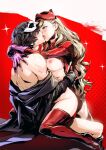  1boy 1girl amamiya_ren black_hair black_jacket blonde_hair boots cat_mask french_kiss gloves hair_down hetero high_heel_boots high_heels highres jacket kiss mask mask_on_head off_shoulder persona persona_5 purple_gloves red_gloves red_thighhighs sex spykeee straddling takamaki_anne thigh_boots thighhighs upright_straddle 