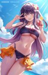  1girl :d artist_name ass_visible_through_thighs bikini blue_sky breasts cleavage commentary_request cup day drinking_straw flower hair_flower hair_ornament holding holding_cup hoshino_ai_(oshi_no_ko) long_hair medium_breasts navel open_mouth oshi_no_ko outdoors partial_commentary purple_eyes purple_hair rabbit_hair_ornament sebu_illust sky smile solo star-shaped_pupils star_(symbol) stomach sunlight swimsuit symbol-shaped_pupils thighs underboob v 
