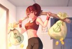  1girl absurdres anna_(fire_emblem) cainlawiet coin commission dumbbell exercise fire_emblem gold_coin highres locker locker_room looking_at_viewer money_bag pants ponytail red_hair red_tank_top short_hair smile tank_top weightlifting yoga_pants 