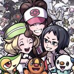  1boy 2girls ahoge animal_ears audino axew baseball_cap bianca_(pokemon) black_hair blonde_hair brown_hair cat_tail checkered_background cheren_(pokemon) closed_eyes cottonee darumaka dragon emolga fangs foongus fox_ears glasses green_headwear hat highres hilda_(pokemon) mimimicabip minccino multiple_girls munna open_mouth oshawott petilil pidove pokemon pokemon_(creature) pokemon_(game) pokemon_bw purrloin reshiram roggenrola sewaddle smile snivy tail tepig upper_body v-shaped_eyebrows vanillite wings woobat zekrom zorua 