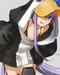  1girl animal_hood bent_over bikini black_bikini black_jacket blue_eyes chanosuke commentary_request fate/grand_order fate_(series) flat_chest hood jacket long_hair meltryllis_(fate) meltryllis_(swimsuit_lancer)_(fate) meltryllis_(swimsuit_lancer)_(first_ascension)_(fate) penguin_hood purple_hair smile solo swimsuit tongue tongue_out very_long_hair 