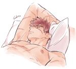  1boy abs arm_behind_head armpits brown_hair doudanuki_masakuni male_focus nipples parted_lips pectorals pillow scar shidatsu_takayuki short_hair simple_background sleeping solo touken_ranbu upper_body white_background 