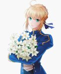 1girl ahoge artoria_pendragon_(fate) blue_coat blue_ribbon bouquet braid braided_bun closed_mouth coat crossed_arms fate_(series) green_eyes hair_bun highres holding holding_bouquet juliet_sleeves long_sleeves looking_at_viewer puffy_sleeves ribbon saber short_hair simple_background smile solo tobu_0w0 white_background white_lily 