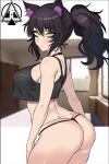  1girl animal_ears ass bags_under_eyes black_hair blake_belladonna blush breasts cat_ears collar covered_nipples dizzle eyeshadow highres large_breasts looking_at_viewer makeup messy_hair midriff nipples ponytail rwby solo tank_top thighs thong yellow_eyes 