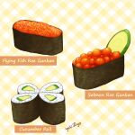  artist_name avocado commentary cucumber english_commentary english_text food food_focus food_name gunkanmaki makizushi no_humans original plaid plaid_background rice roe signature simple_background still_life sushi yellow_background yuki00yo 