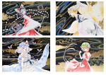  4girls absurdres chen hair_ribbon hakurei_reimu hat highres ikeda_ruriko looking_at_viewer looking_to_the_side medium_hair mob_cap multiple_girls painting_(medium) ribbon saigyouji_yuyuko skirt touhou traditional_media yakumo_ran 