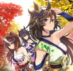  3girls ahoge alternate_costume alternate_hairstyle animal_ears arm_up black_hair bracer breasts brown_hair chest_sarashi choker closed_mouth fist_in_hand floral_print green_eyes green_kimono hadanugi_dousa hand_in_own_hair horse_ears japanese_clothes kimono long_hair medium_breasts misu_kasumi mr._c.b._(umamusume) multicolored_hair multiple_girls narita_brian_(heavenly_laughter_kaburaya)_(umamusume) narita_brian_(umamusume) obi ponytail purple_hair purple_kimono reaching reaching_towards_viewer red_kimono sarashi sash single_bare_shoulder small_breasts smile streaked_hair symboli_rudolf_(archer_of_the_white_moon)_(umamusume) symboli_rudolf_(umamusume) tree umamusume upper_body yellow_eyes 