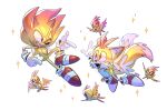  2boys bird fang finger_gun flicky_(character) flying fox_boy gloves glowing highres multiple_boys one_eye_closed open_mouth outstretched_arms red_eyes red_footwear simple_background smile sonic_(series) sonic_the_hedgehog sparkle starrjoy super_sonic super_tails tails_(sonic) white_fur yellow_fur 