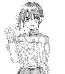  1girl absurdres belt casual greyscale hair_ribbon highres hiroyuki kanojo_mo_kanojo looking_at_viewer minase_nagisa monochrome official_art open_mouth ribbon short_hair side_ponytail sleeves_past_wrists smile solo sweater upper_body waving white_background 