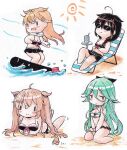  4girls ahoge barefoot beach_chair bikini black_bikini black_hair black_ribbon blonde_hair blush braid breasts cup drinking_straw hair_between_eyes hair_flaps hair_ornament hair_ribbon hairclip highres kantai_collection long_hair lying medium_breasts multiple_girls murasame_(kancolle) on_stomach open_mouth poipoi_purin reclining ribbon sarong scarf shigure_(kancolle) side_braid single_braid sitting smile sun sunglasses surfing swimsuit torpedo two_side_up very_long_hair water white_scarf yamakaze_(kancolle) yuudachi_(kancolle) 