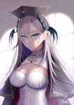  1girl absurdres artist_name black_cape black_headwear blue_eyes breasts bright_pupils cape cleavage cleavage_cutout closed_mouth clothing_cutout dress girarikyo head_wings highres horizontal_pupils indie_virtual_youtuber large_breasts long_hair mole mole_under_mouth pochimaru_(vtuber) ribbon solo teardrop_facial_mark virtual_youtuber white_dress white_pupils white_ribbon wings 