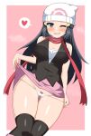  1girl absurdres alternate_breast_size beanie black_hair black_socks blush breasts commentary_request commission curvy dawn_(pokemon) grey_eyes hat heart highres large_breasts lifted_by_self long_hair one_eye_closed panties panty_pull pixiv_commission pokemon socks spoken_heart tankuro_uri thick_thighs thighs underwear white_panties wide-eyed 