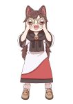  1girl :d animal_ear_fluff animal_ears binoculars brooch brown_footwear brown_hair commentary_request dress full_body holding holding_binoculars imaizumi_kagerou jewelry loafers long_hair long_sleeves looking_at_viewer medium_bangs open_mouth poronegi red_brooch red_skirt shoes simple_background skirt smile socks solo standing touhou white_background white_dress white_socks wolf_ears wolf_girl 